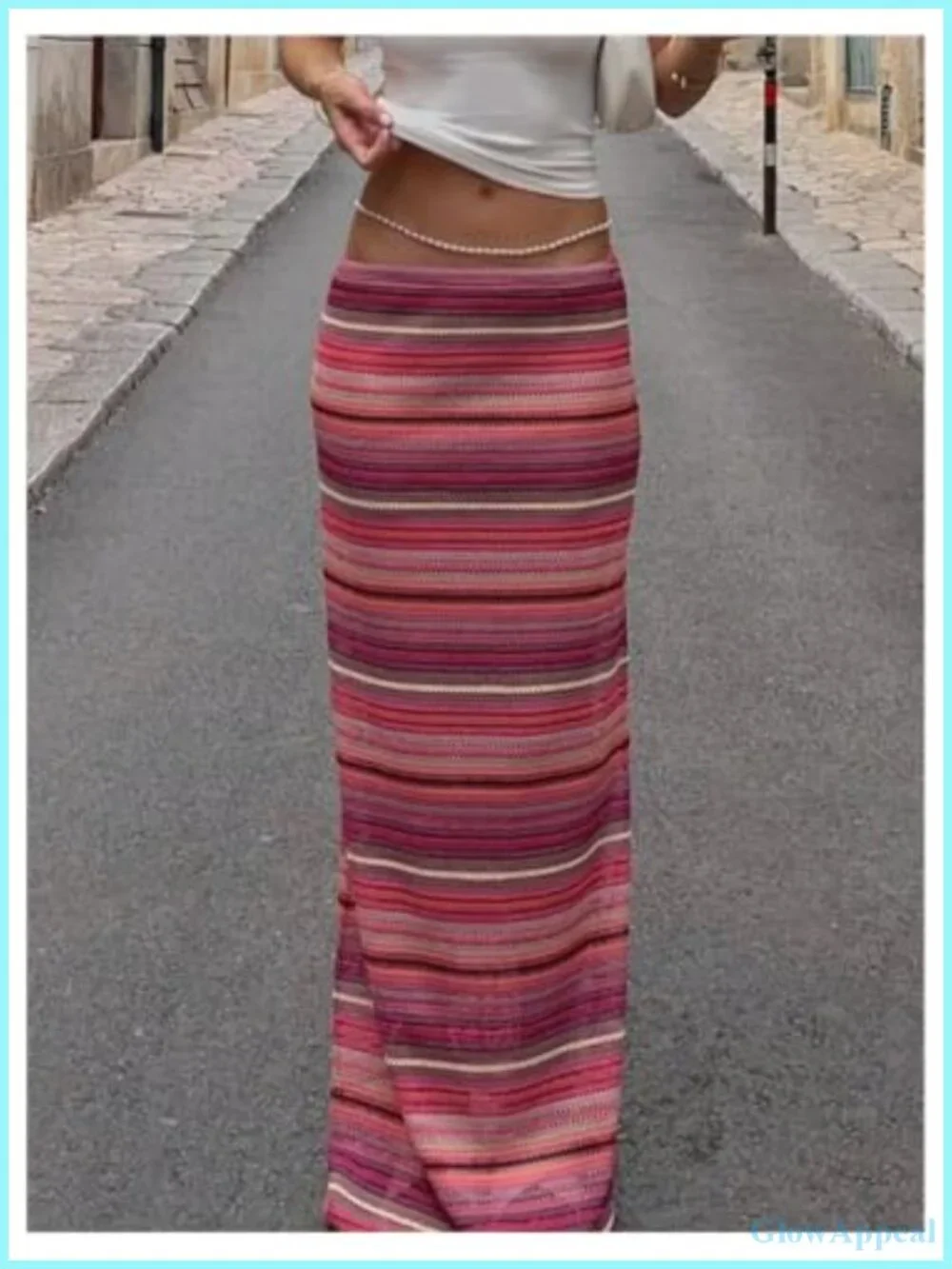 Striped Crochet Knit Maxi Skirt Low Rise Bodycon Boho Summer Beach Vacation